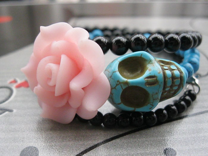 Day of the Dead Bracelet--3D blue rammel skull and blue resin flower bracelet