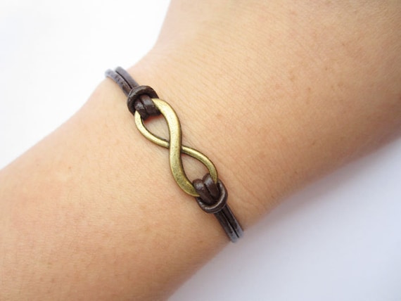 infinity Bracelet---antique bronze little karma bracelet---infinity wish & brown leather chain