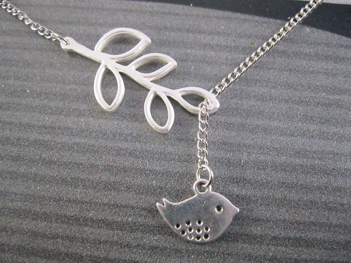 necklace---antique silver branch and little bird pendant & chain