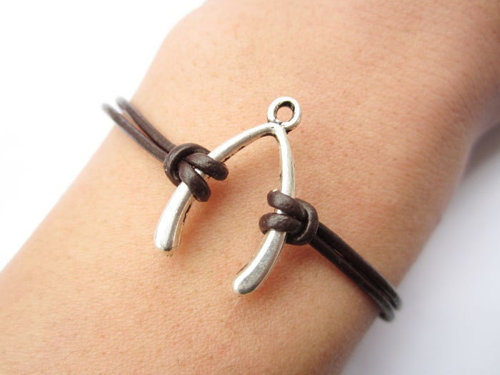 Bracelet---antique silver Wishing bone&brown leather chain