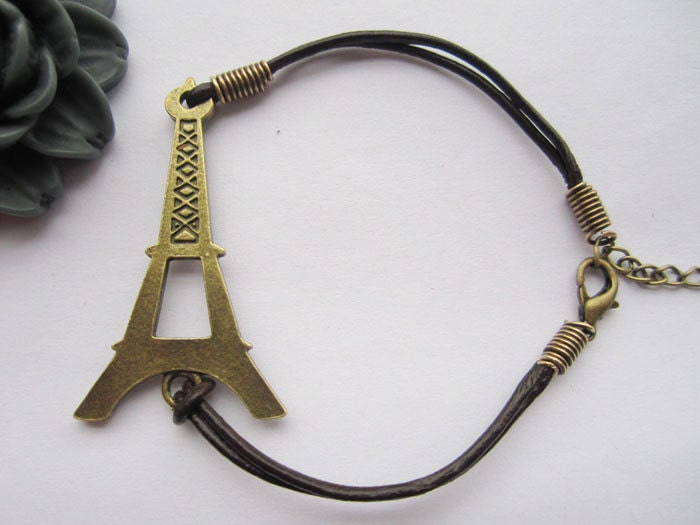 Bracelet---antique bronze big Eiffel Tower & brown leather chain