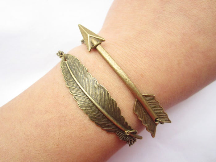 Combination bracelet---antique bronze arrow and feather pendant&alloy chain