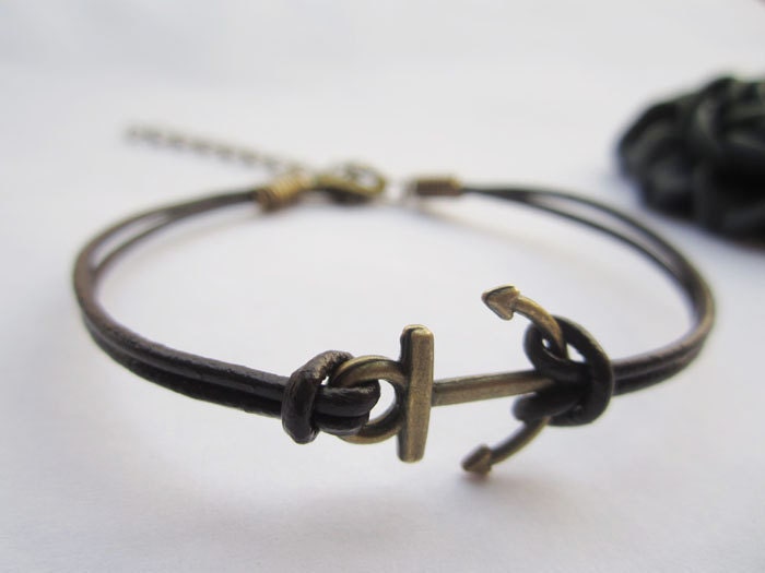 Bracelet---antique bronze little anchor&brown leather chain