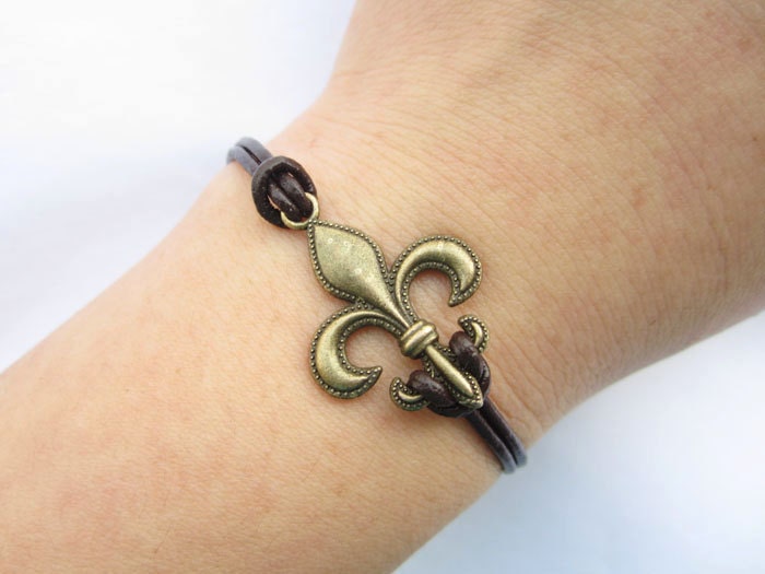 Bracelet---antique bronze Personality anchor&brown leather chain