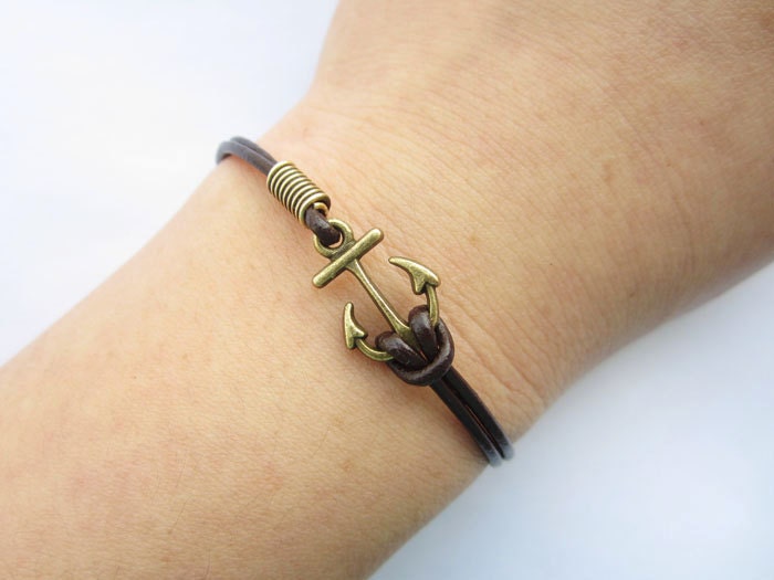 Bracelet---antique bronze little unique anchor&brown leather chain
