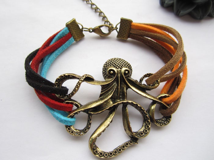 octopus bracelet---antique bronze octopus pendant octopus bracelet & colorful rope chain
