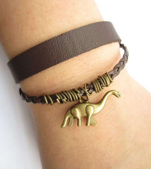 antique bronze little dinosaur Bracelet---double-deck bracelet&brown leather braid chain