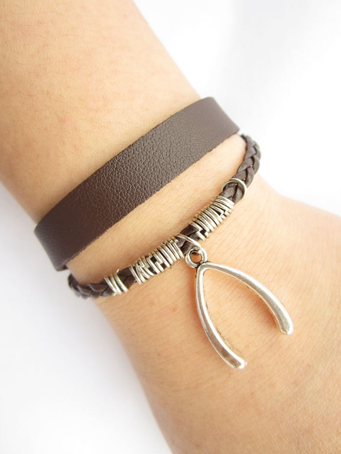 antique silver Wishing bone bracelet---double-deck bracelet&brown leather braid chain