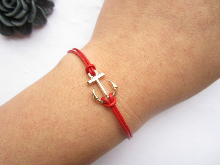 Anchor Bracelet---retro golden little anchor bracelet &red leather chain