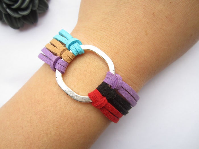 bracelet---antique silver Abnormity circle & colorful rope chain