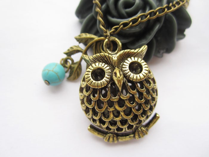 necklace---antique bronze 3D cute hollow-out owl pendant and bracnch with turquoise & alloy chain