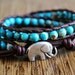Elephant Bracelet, Leather Beaded Wrap Bracelet, Jasper Aqua Beads, Elephant Jewelry, Lucky Elephant, Good Luck Jewelry