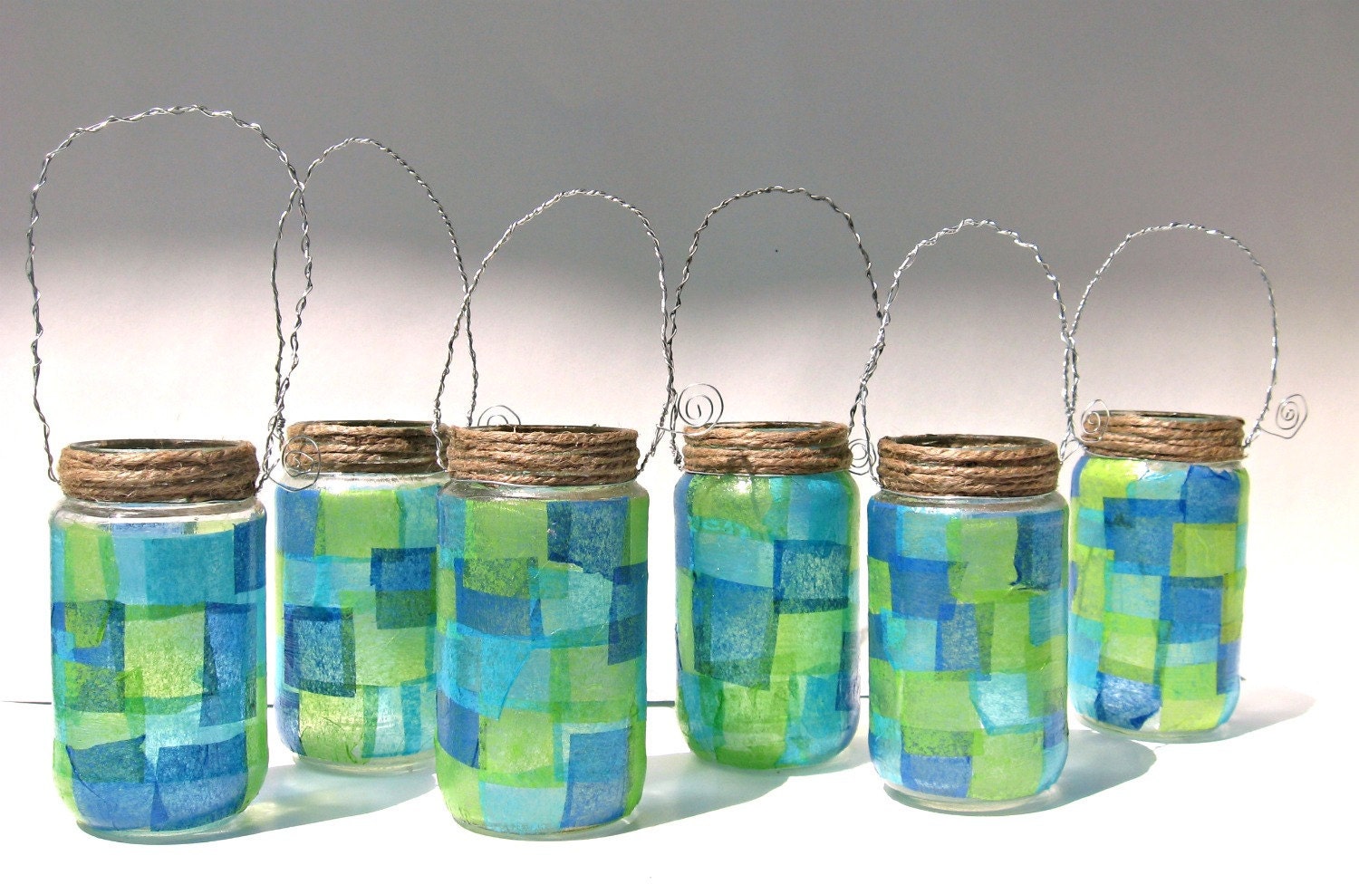 Upcycled Mason Jar  Lantern Beach Wedding Green Blue Set Of 6 Jar Hanging Vase Cool Tones