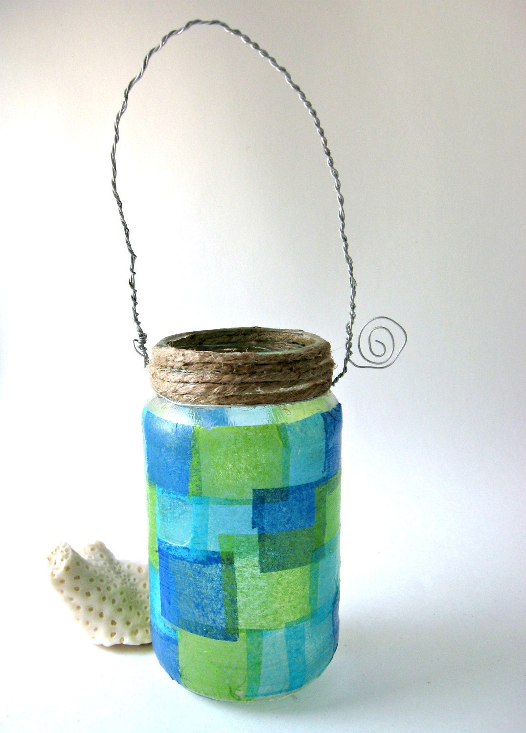 Upcycled Mason Jar  Lantern Beach Wedding Green Blue Set Of 6 Jar Hanging Vase Cool Tones
