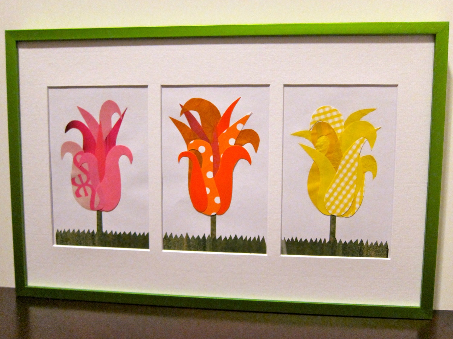 Magazine Paper Flower Collage Tulip Trio, Framed Pink, Orange, Yellow