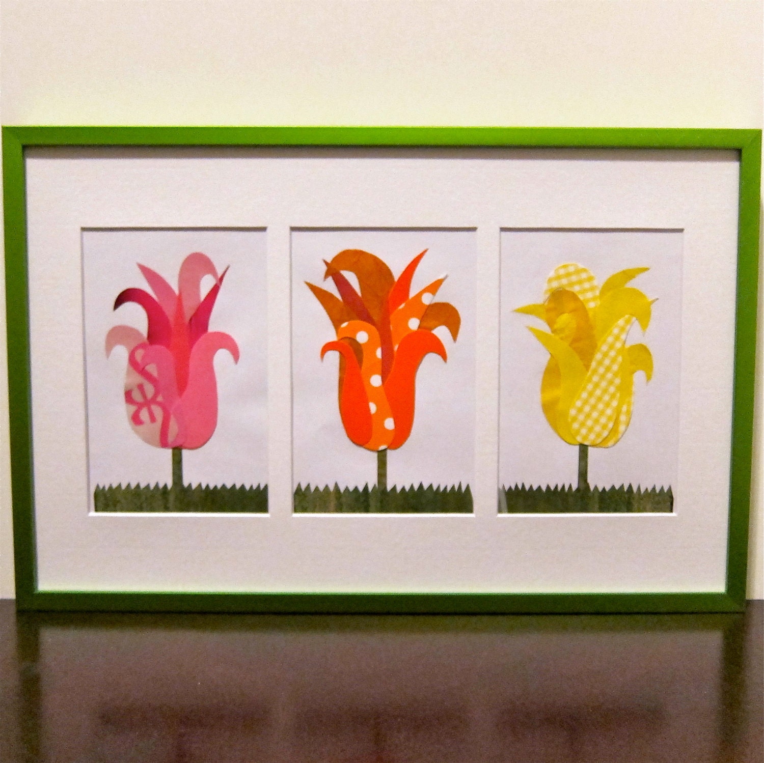 Magazine Paper Flower Collage Tulip Trio, Framed Pink, Orange, Yellow