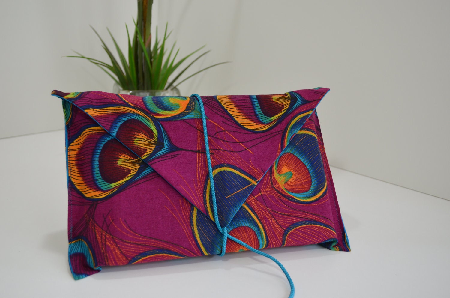 Book Cover, Book Protector in Burgundy, Turquoise Peacock Pattern with Turquoise Wraparound Twist Cord- Great Gift for Book Lovers