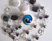 Freshwater Pearl Necklace Snail Shell Pendant Silver Wire Wrapped Beads