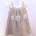 crocheted /sew organic linen baby/ toddler/girl flower dress/tunic with lacy edge "White peonies"