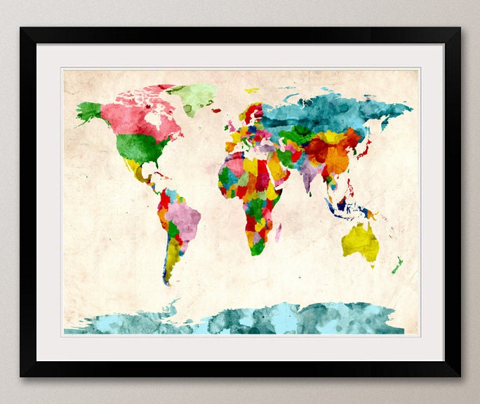Watercolor Map of the World Map, Art Print, 18x24 inch (74)
