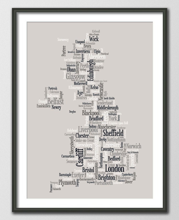 Great Britain UK City Typographic Text Map, Art Print 18x24 inch (823)