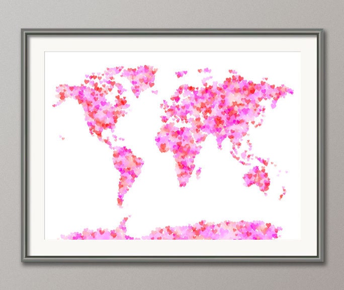 Love Hearts Map of the World Map, Art Print 18x24 inch (897)