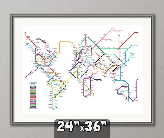 World Map as a Tube Metro System, Art Print, 24x36 inch (596)