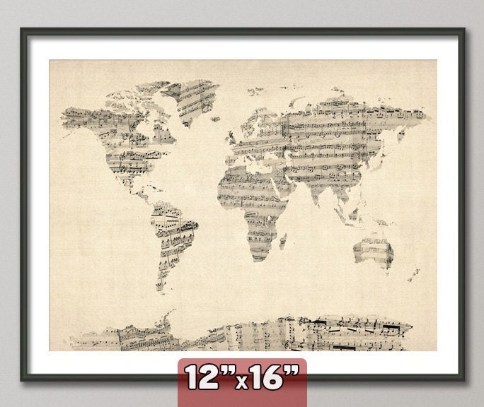 Map of the World Map from Old Sheet Music, Art Print, 12x16 inch (895)
