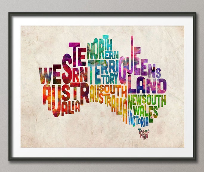 Typography Text Map of Australia, Art Print 18x24 inch (893)