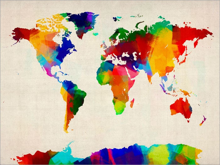 Rolled Paint Map of the World Map, Art Print, 18x24 inch (894)