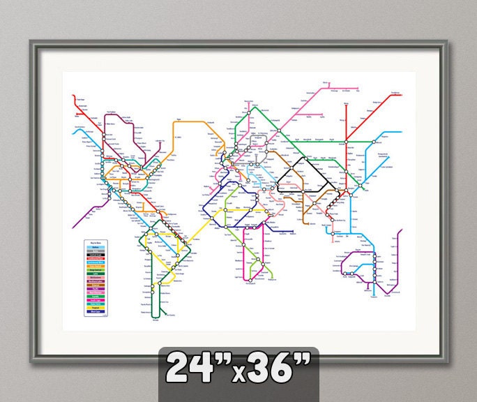 World Map as a Tube Metro System, Art Print, 24x36 inch (596)