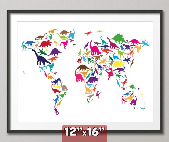 Dinosaur Map of the World Map, Art Print, 12x16 inch (777)