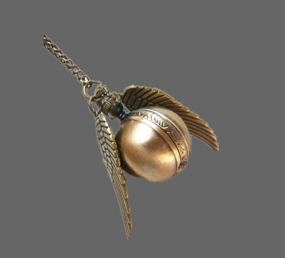 Enchanted Golden Snitch Ball Locket WATCH with silver Wings from Harry Potter