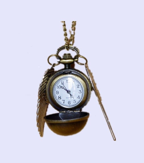 Enchanted Golden Snitch Ball Locket WATCH with silver Wings from Harry Potter