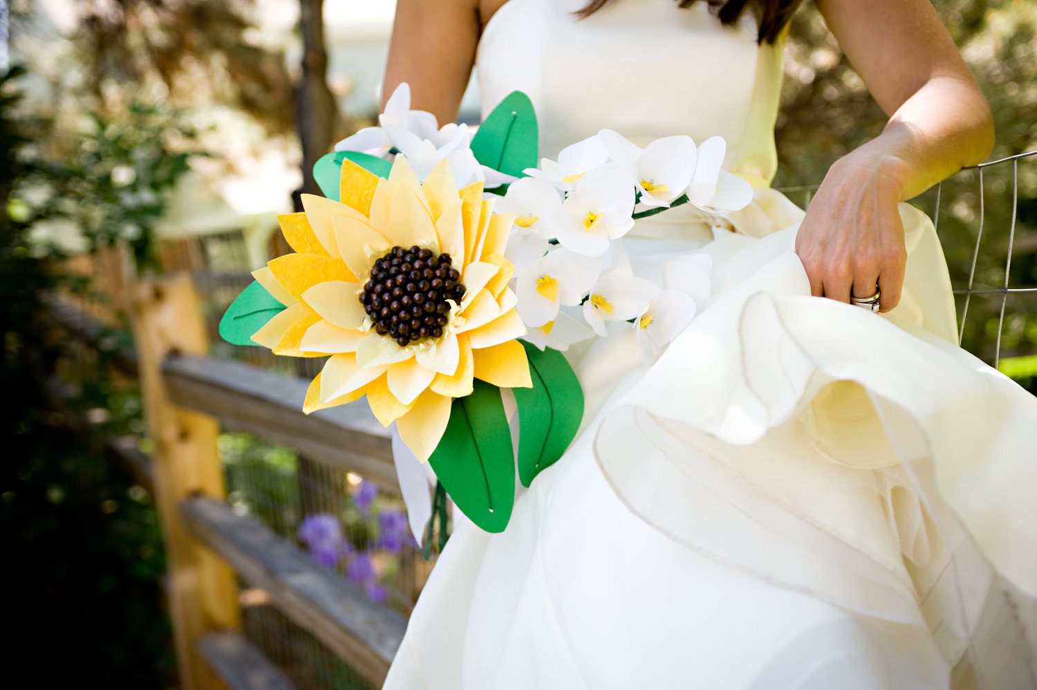 Fun Paper Flower Orchid and Sunflower Wedding Flowers/ Bridal Bouquet--summer/fall