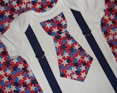 4th of July Tie Onesie Suspenders Little Man Tie Outfit Holiday Photo Shoot Infant Toddler Baby Shower