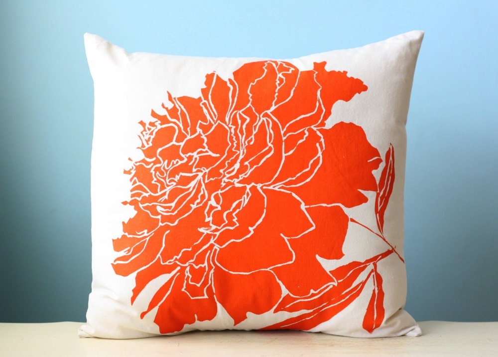 Peony Flower Linen Pillow Cover Decorative Cushion Throw 20x20 Orange Tangerine Hand-Printed Screen Print Hostess Gift