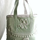 Large Tote Bag- Reclaimed chenille vintage fabric with new quilted lining. Ultra feminine baby blue with white bow details.