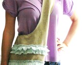 Linen Crossbody bag with vintage ruffles. Blue lattice print inside. Very feminine tote by MilkandHoneyLuxuries
