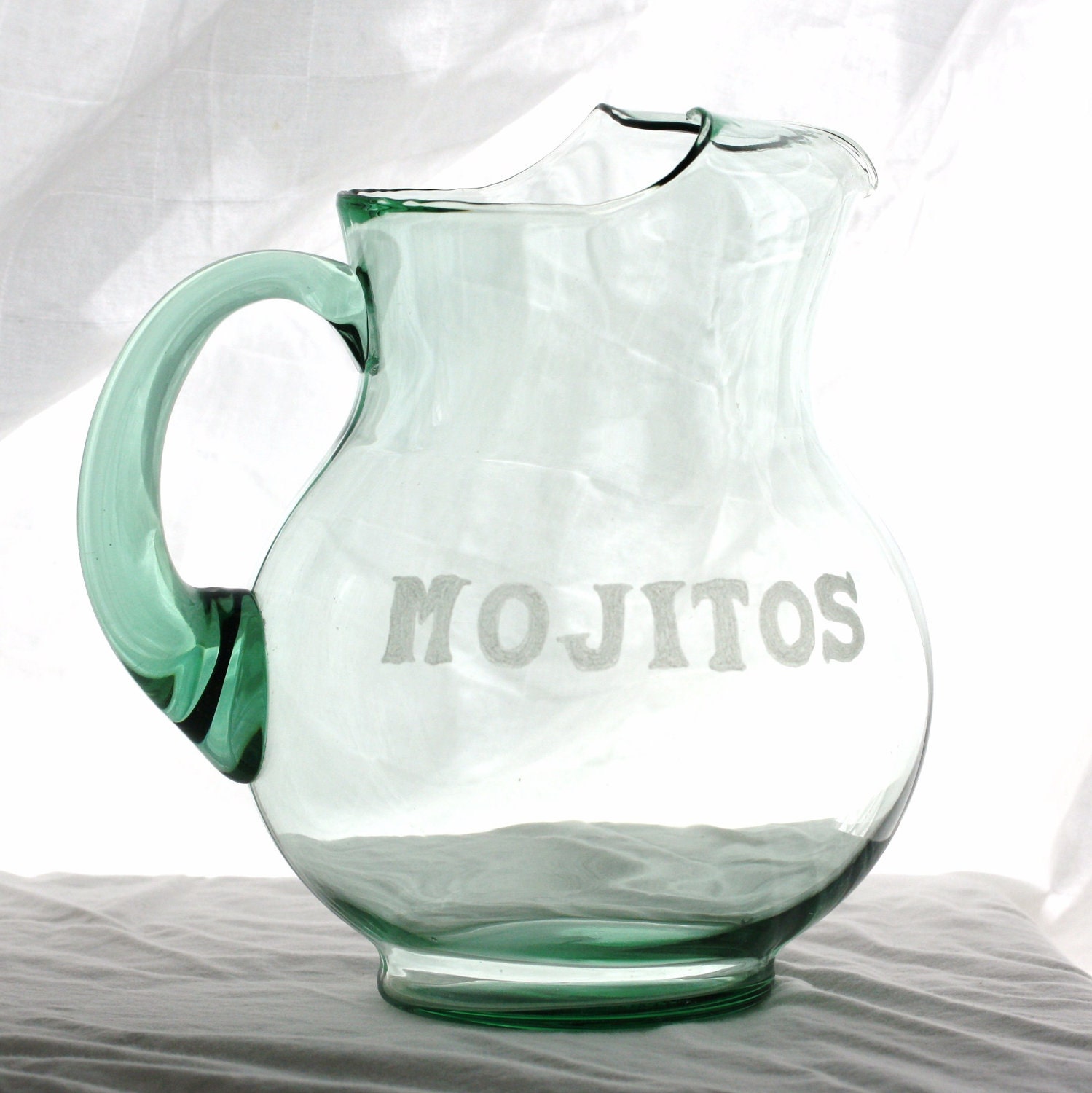 Etched Glass pitcher- Mojitos. Green glass large pitcher etched entirely by hand without creams or stencils.