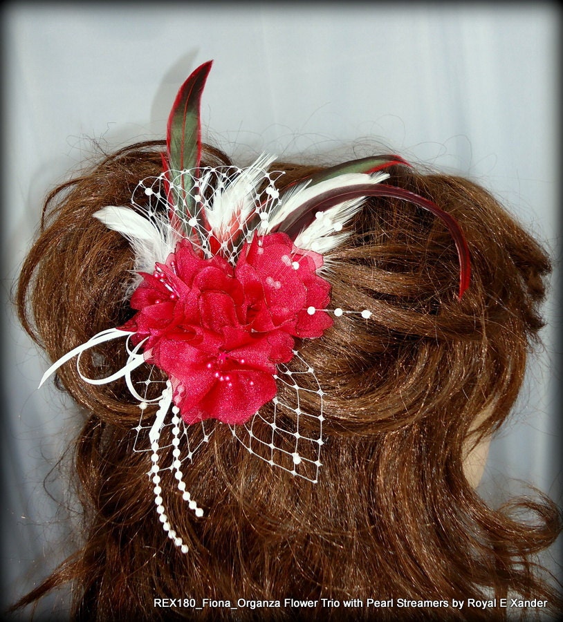 Red Organza Flower Trio Fascinator with Pearl Streamers Bridal Bridesmaid Hair Clip Corsage