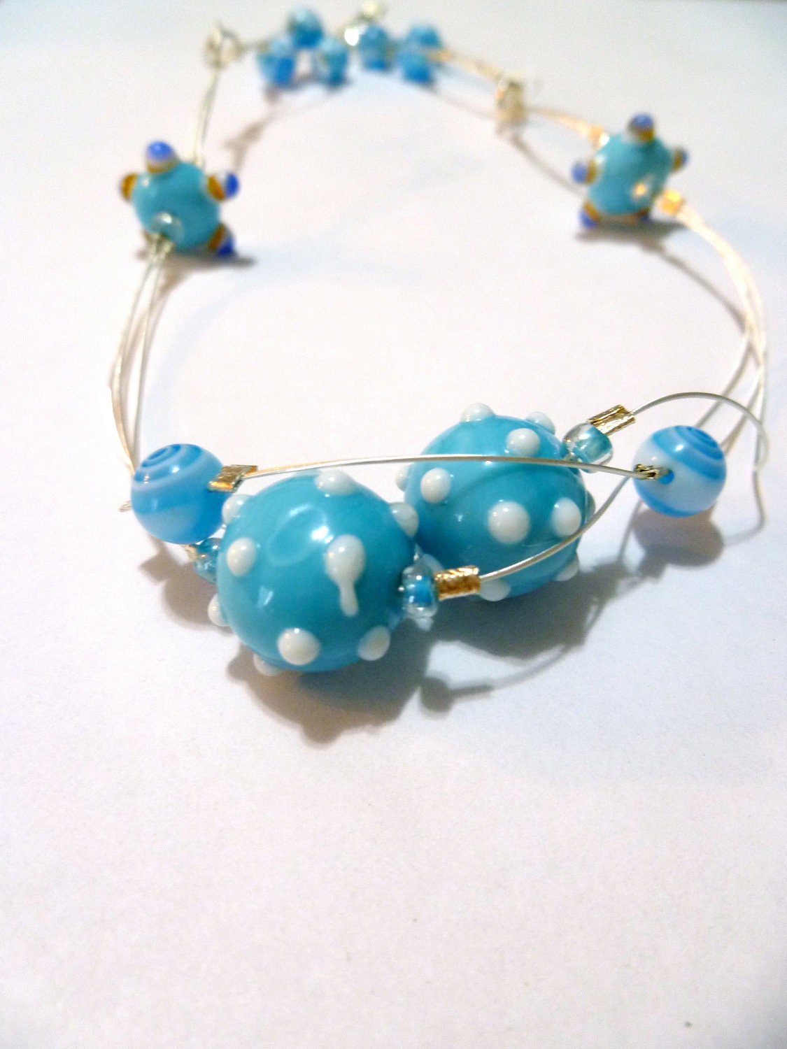 Blue and White Glass Lampwork Bead Necklace - Choker length