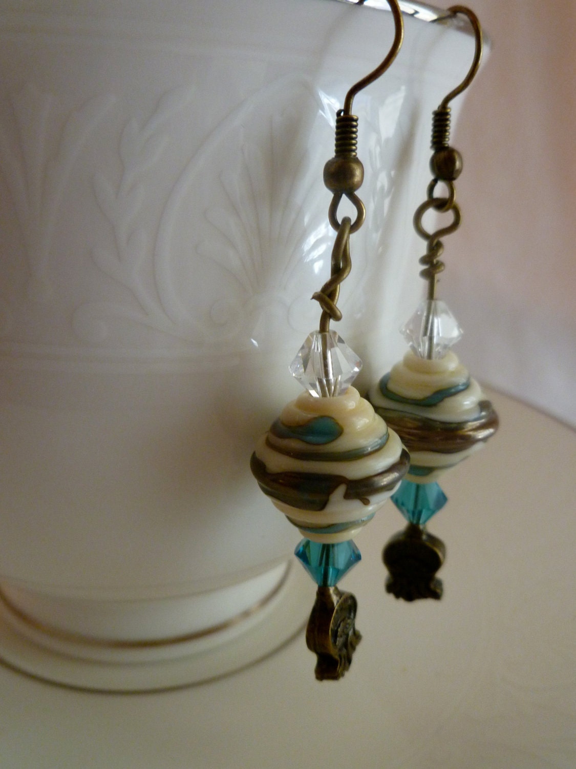 Ivory, Teal, Gold Glass Bead Dangle Earrings with Swarovski Crystals