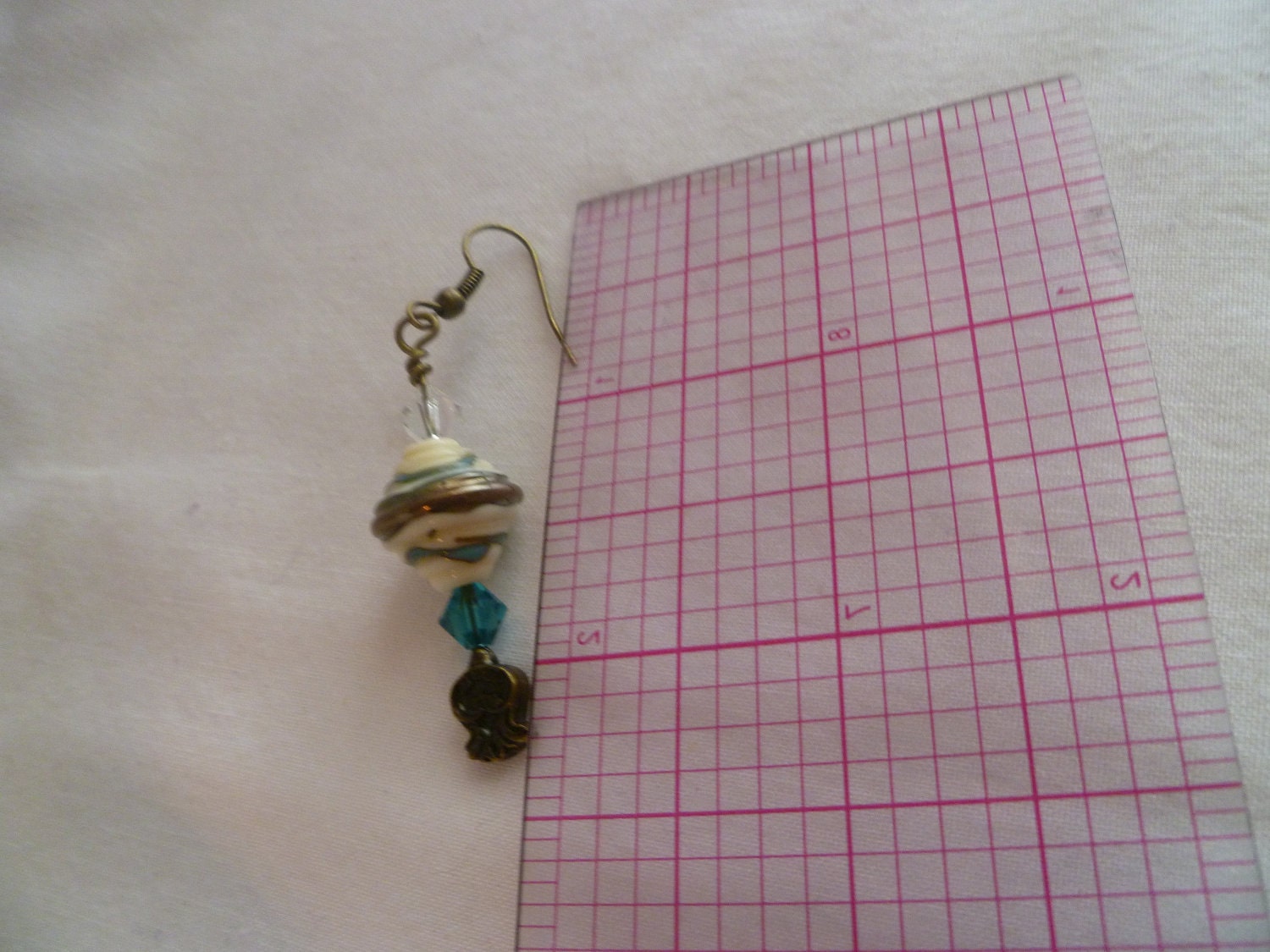 Ivory, Teal, Gold Glass Bead Dangle Earrings with Swarovski Crystals