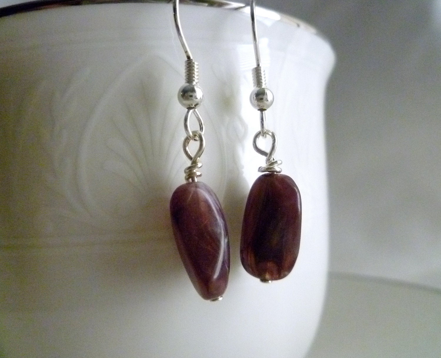Purple and SIlver Beaded Dangle Earrings