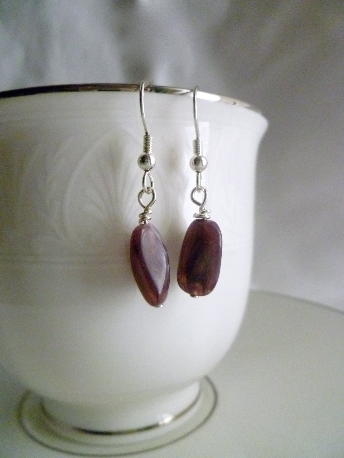 Purple and SIlver Beaded Dangle Earrings
