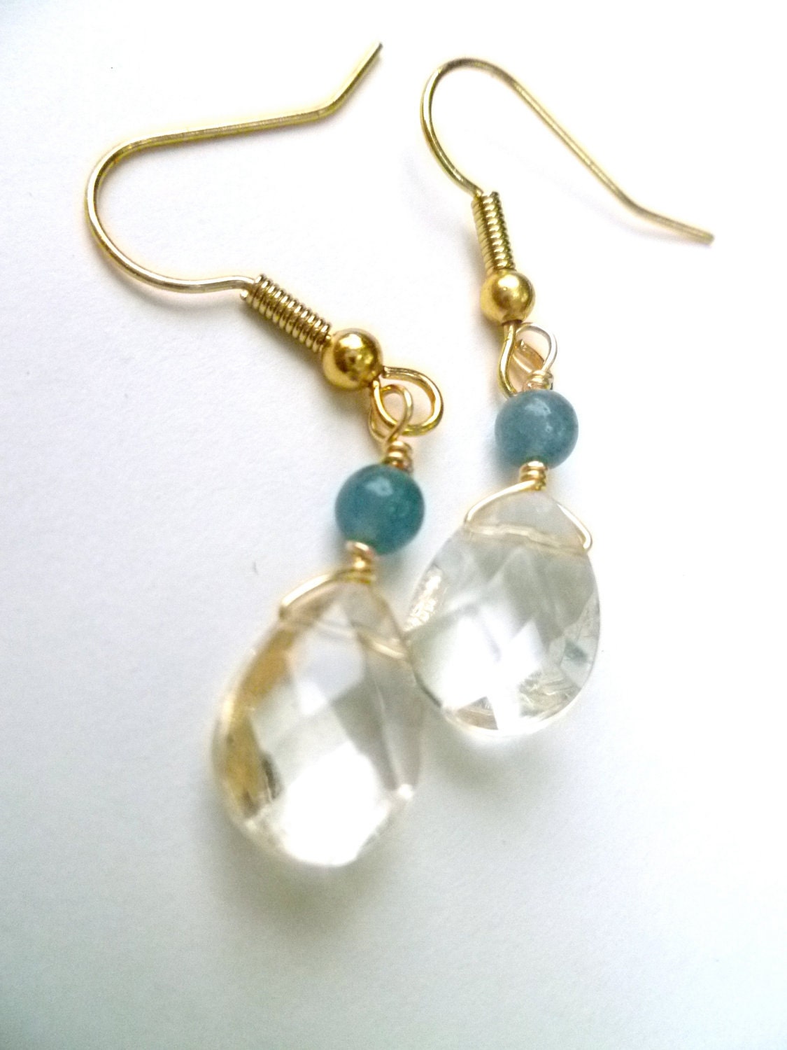 Clear Faceted Glass and Aqua Blue Hemimorphite Dangle Earrings