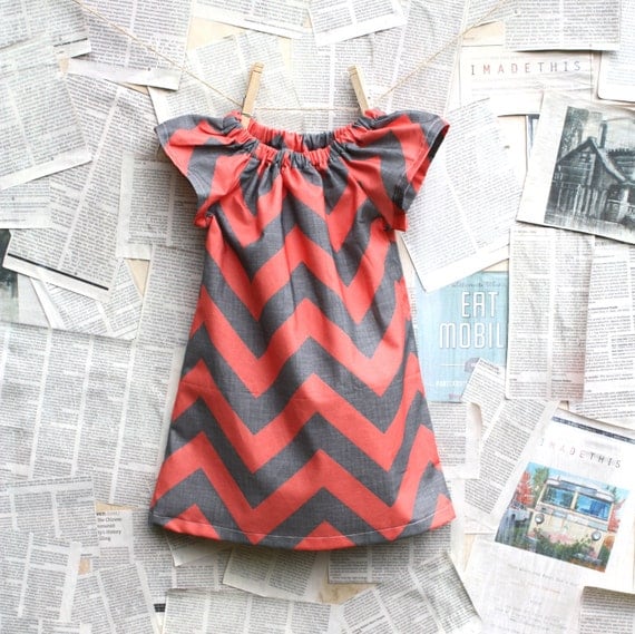 Coral and Gray Chevron Shift Dress // 6 months - 10 years