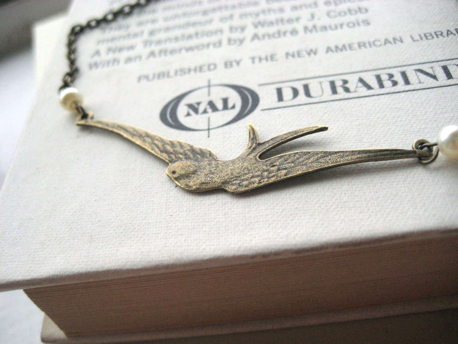 Bird Necklace - sparrow, nature, animal, antique brass, pearls, wholesale available