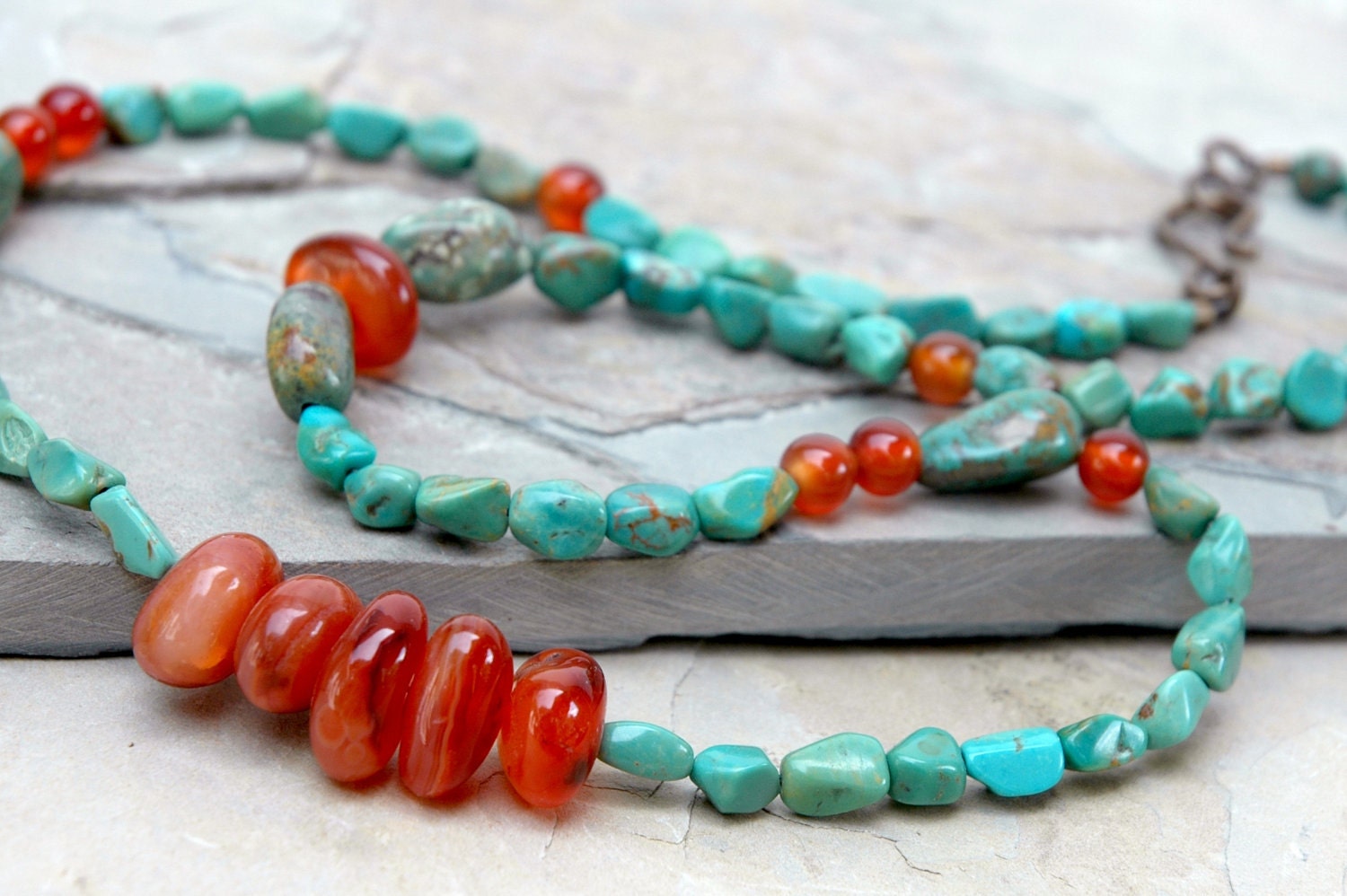 Genuine Green Turquoise, Carnelian Necklace, Orange, Semiprecious, Natural brass, Jewelry